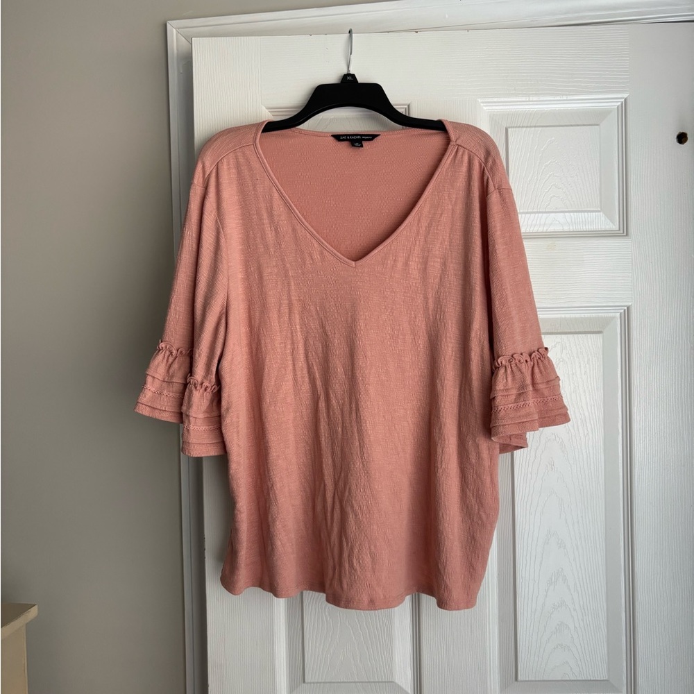 Zac & Rachel Blush V-Neck Blouse with Ruffled Sleeves
